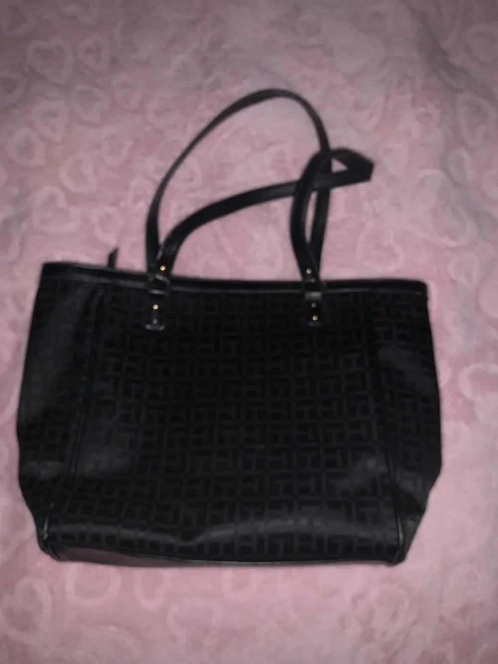 Tommy Hilfiger Black Monogram Tote with Gold Charm